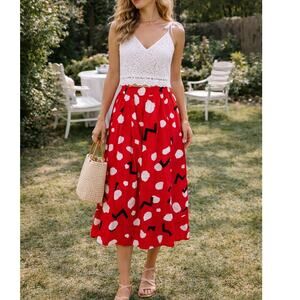 Vintage 80s abstract polkadot V yoke waist skirt red white black size XS/S